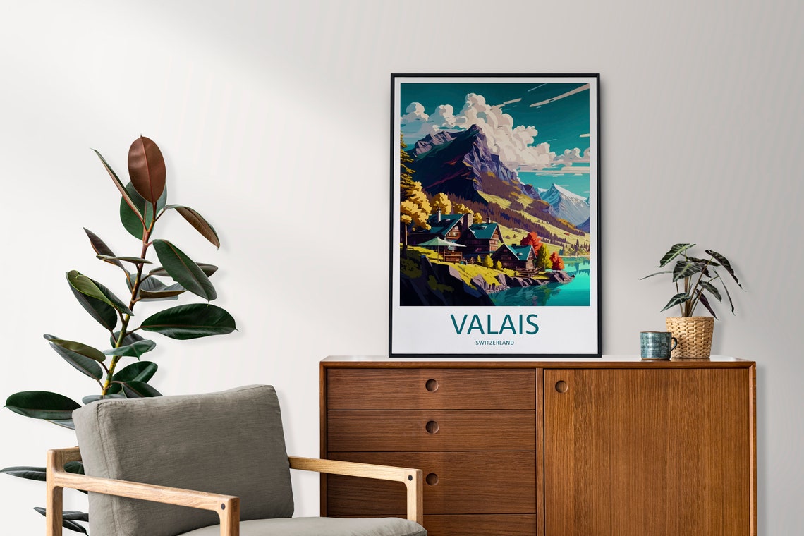 Valais Alpine Chalets With Lake and Mountain Peaks Travel Poster - Image 2
