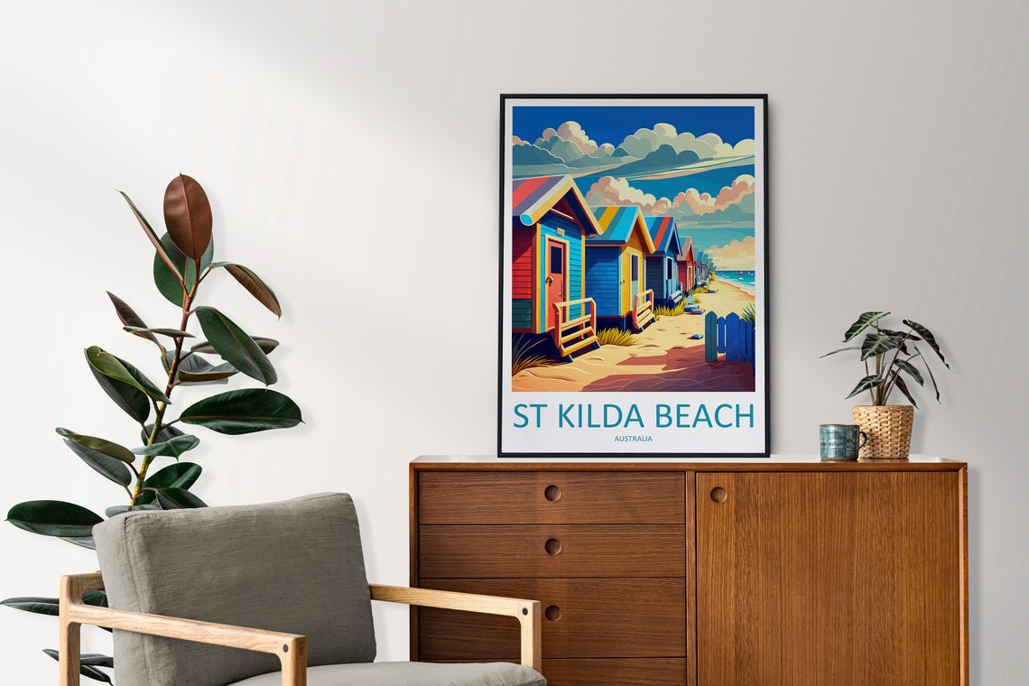 St Kilda Beach Melbourne Colorful Rainbow Bathing Boxes Poster - Image 2
