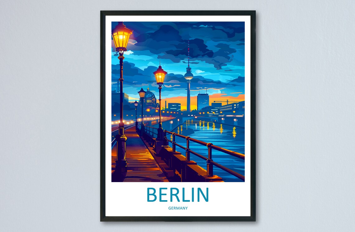 Berlin Evening TV Tower Riverside Promenade Cityscape Travel Poster