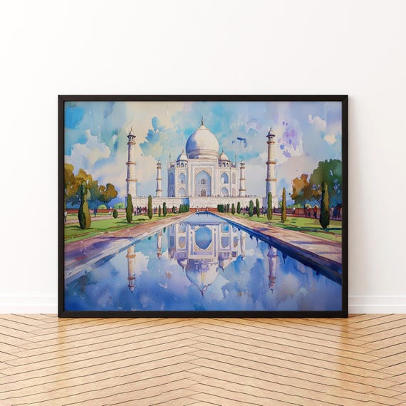 Agra India Watercolor Poster Travel Print Taj Mahal Painting Historic Landmark Wall Art Asia Souvenir