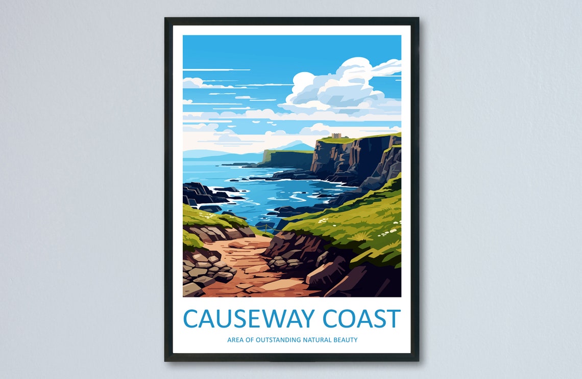 Causeway Coast Dramatic Dark Cliffs Above a Rocky Ocean Shore Poster