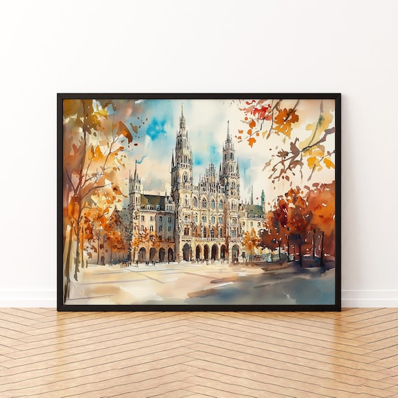 Munich Germany Autumn Watercolor of Historic Town Hall Square Poster