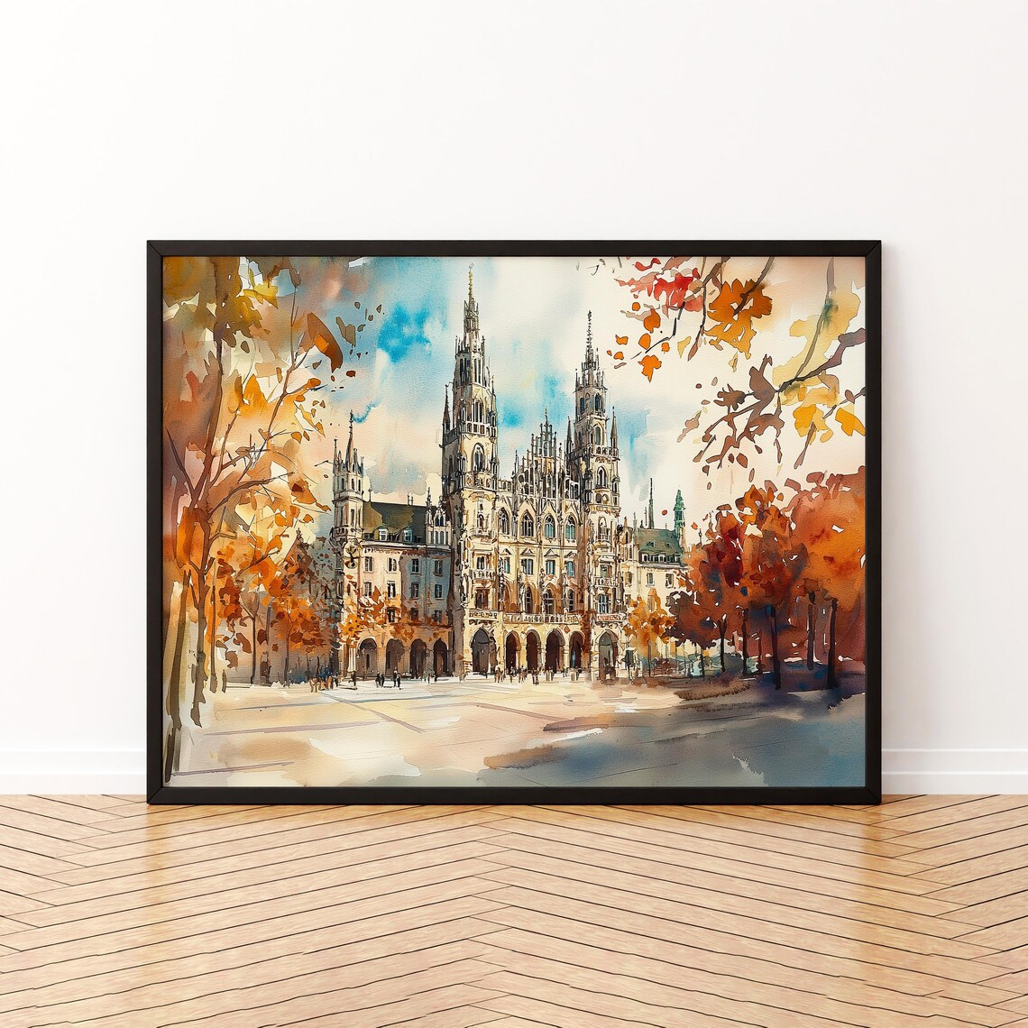 Munich Germany Autumn Watercolor of Historic Town Hall Square Poster