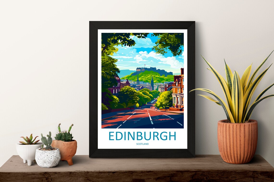 Edinburgh Daytime Castle View Down A Leafy Street Travel Poster - Image 3