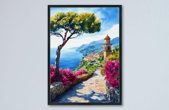 Ravello Watercolor Travel Poster, Italian Cityscape