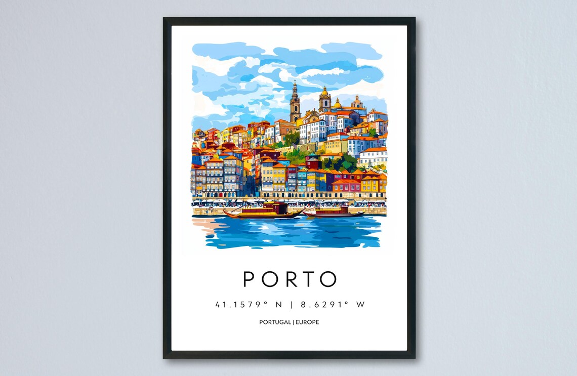 Porto Riverside Old Town Watercolor Portugal River City Poster