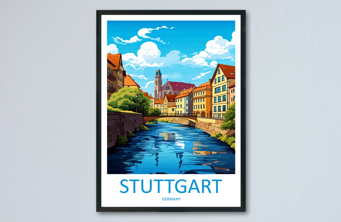 Stuttgart Germany River Canal Bridge City Skyline Travel Poster