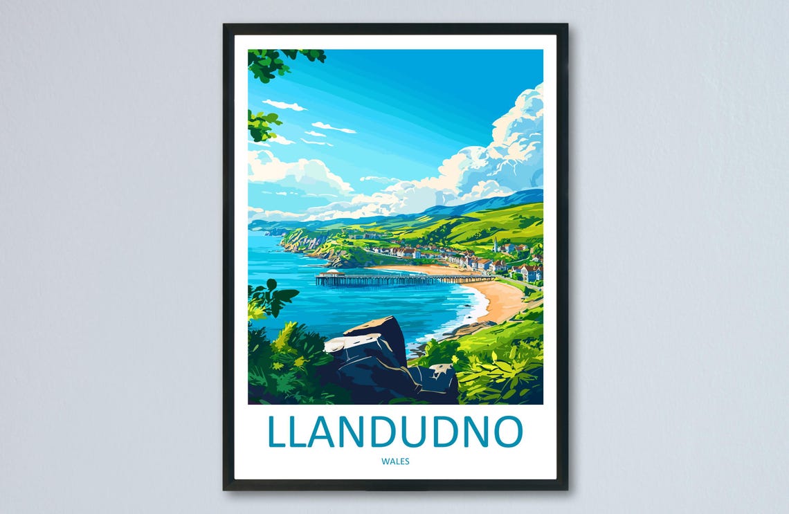 Llandudno Wales Seaside Pier Beach Travel Illustration Poster