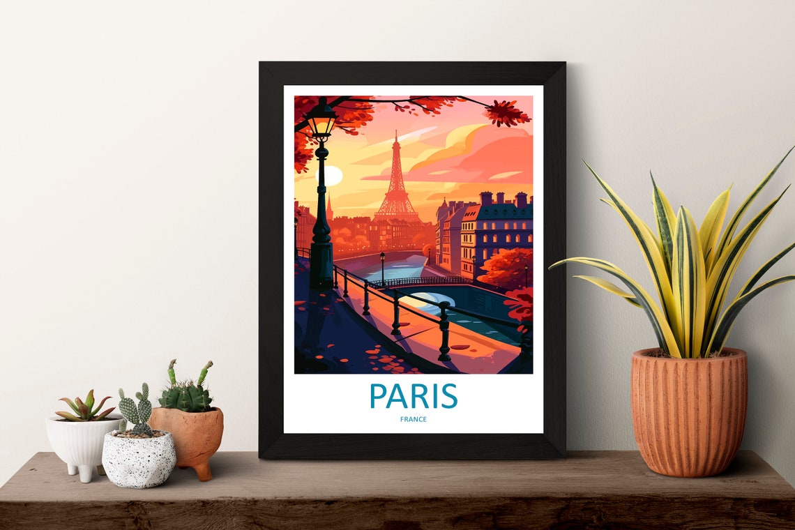 Paris France Eiffel Tower Sunset Lamp Retro Travel Illustration Poster - Image 3