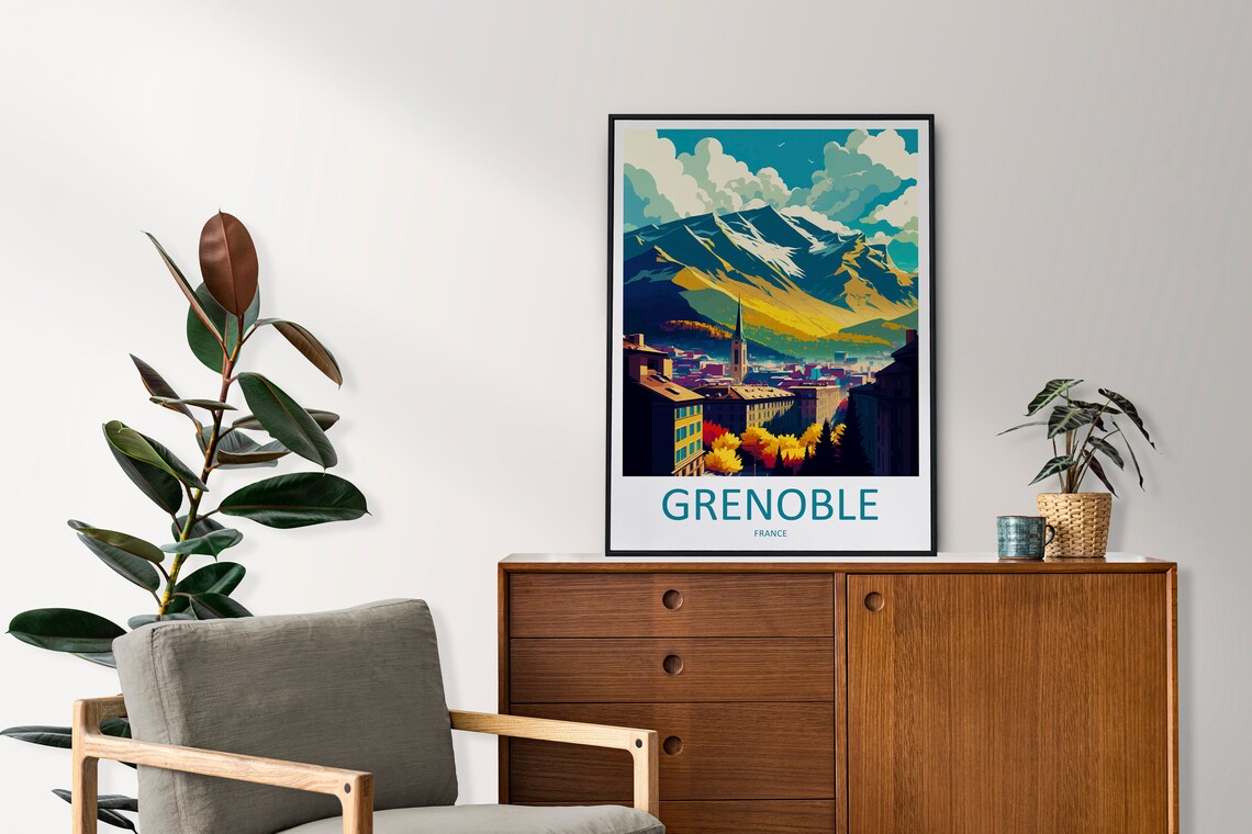 Grenoble France Alpine Peaks Church Spire City Retro Travel Poster - Image 2