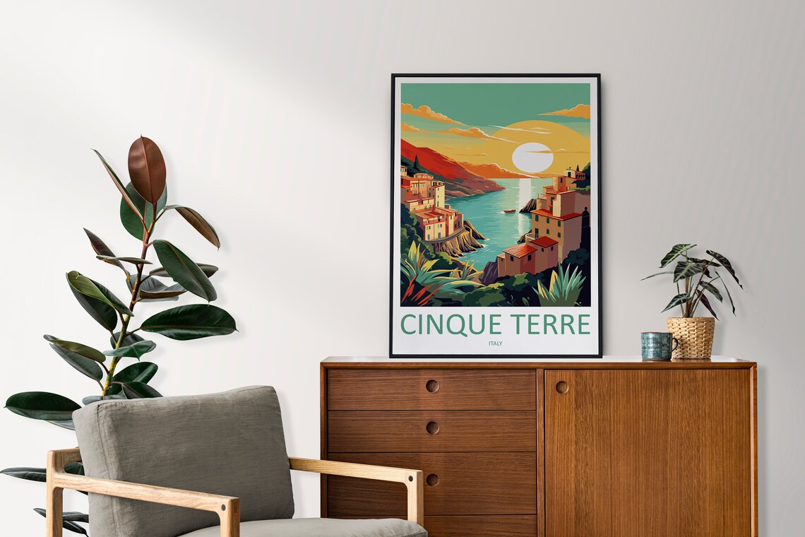 Cinque Terre Italy Cliffside Fishing Village Golden Sunset Poster - Image 2