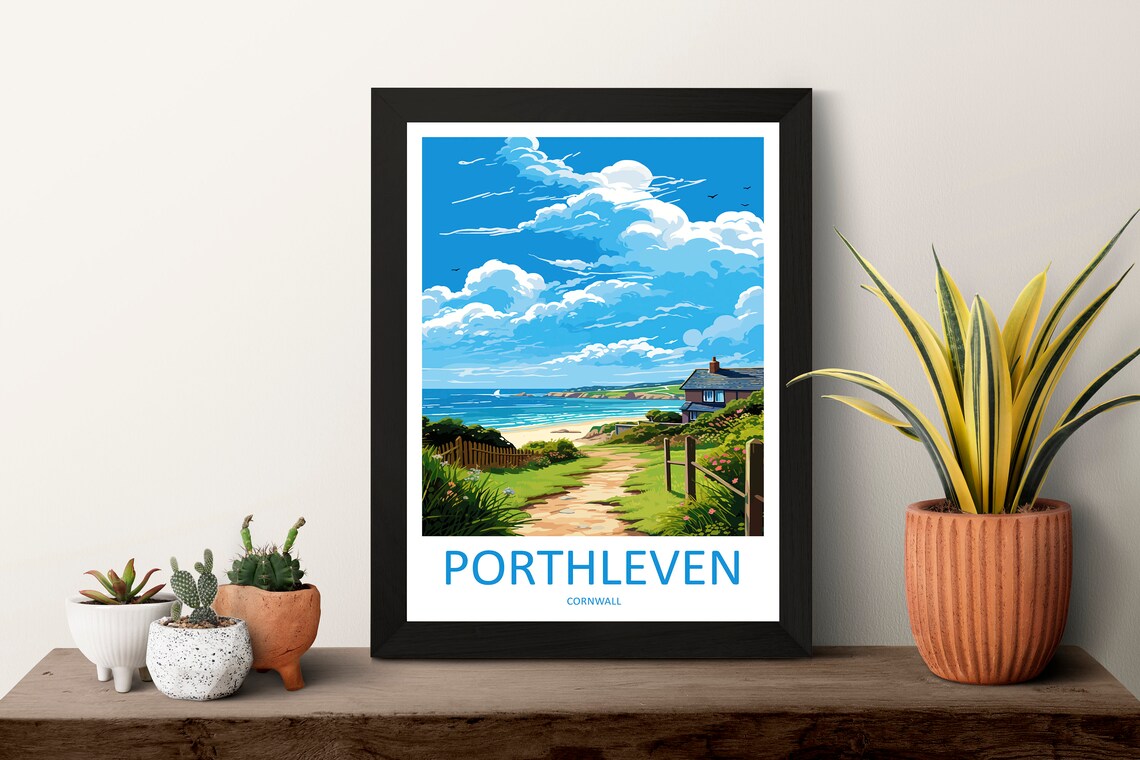 Porthleven Cornwall Coastal Path Travel Poster Golden Beach Art - Image 3