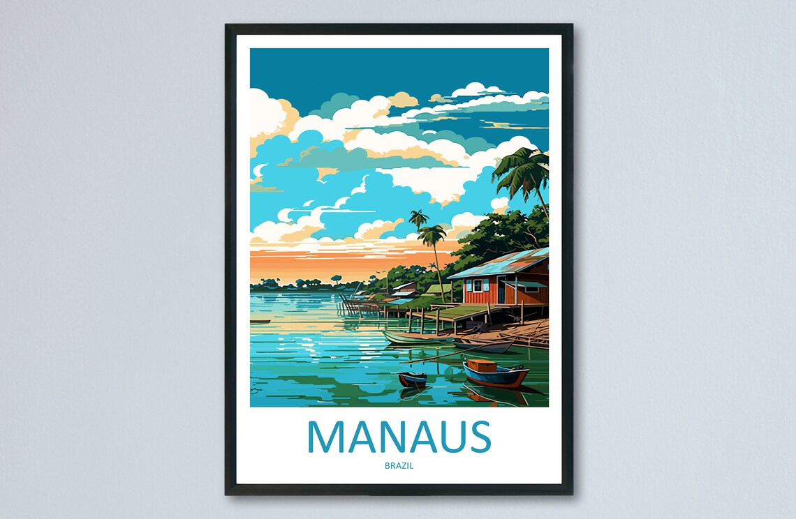 Manaus Brazil Amazon Riverside Stilt Houses Vintage Travel Poster