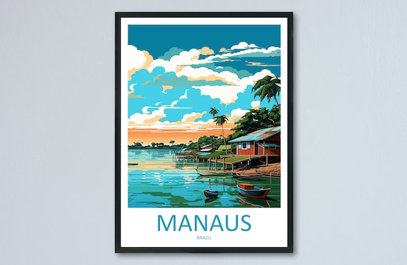 Manaus Brazil Amazon Riverside Stilt Houses Vintage Travel Poster