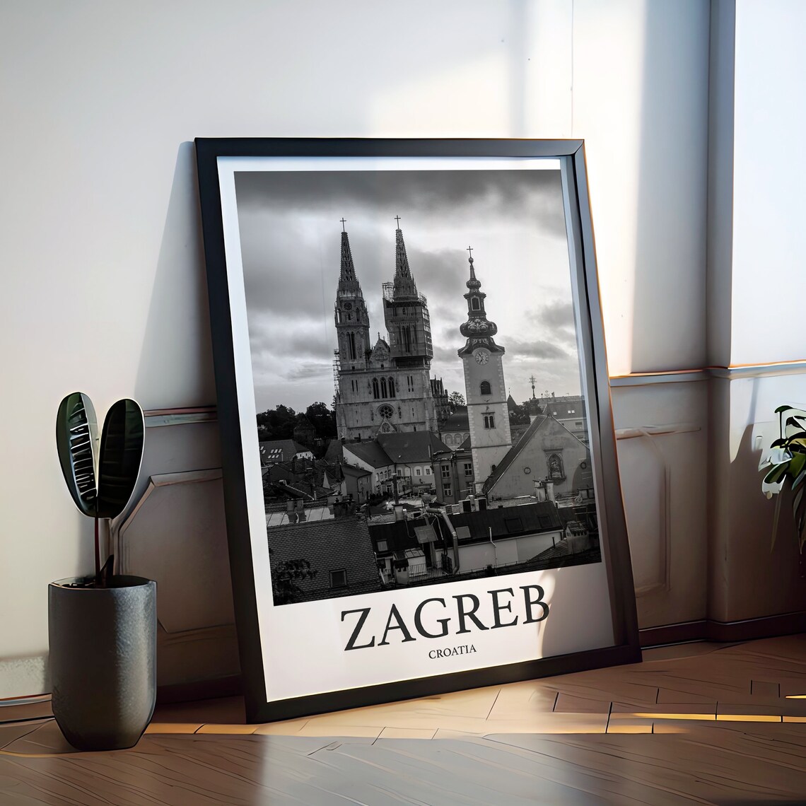 Zagreb Croatia Cathedral Towers Black and White Cityscape Poster - Image 2
