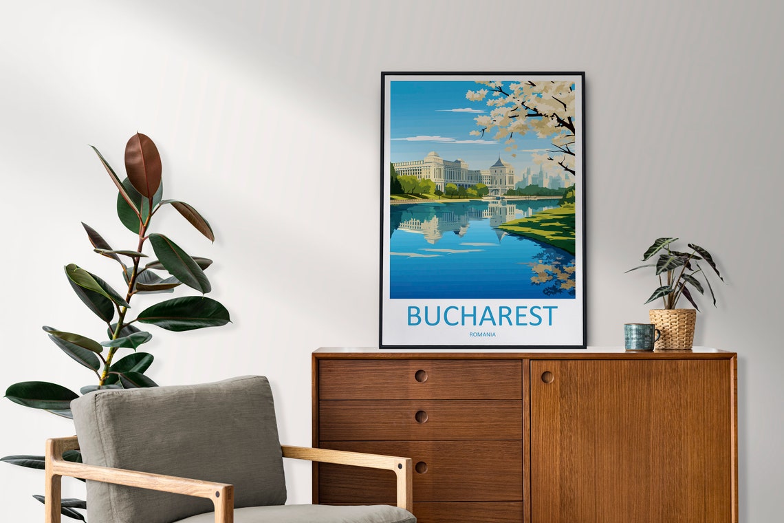 Bucharest Romania Palace Lake Reflection Spring Travel Poster - Image 2