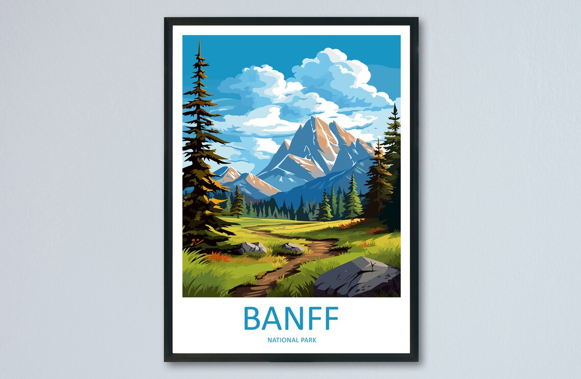 Banff National Park Canada Rocky Mountain Meadow Pines Travel Poster