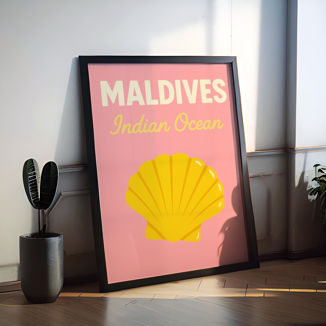 Maldives Indian Ocean Yellow Scallop Shell Pink Travel Poster