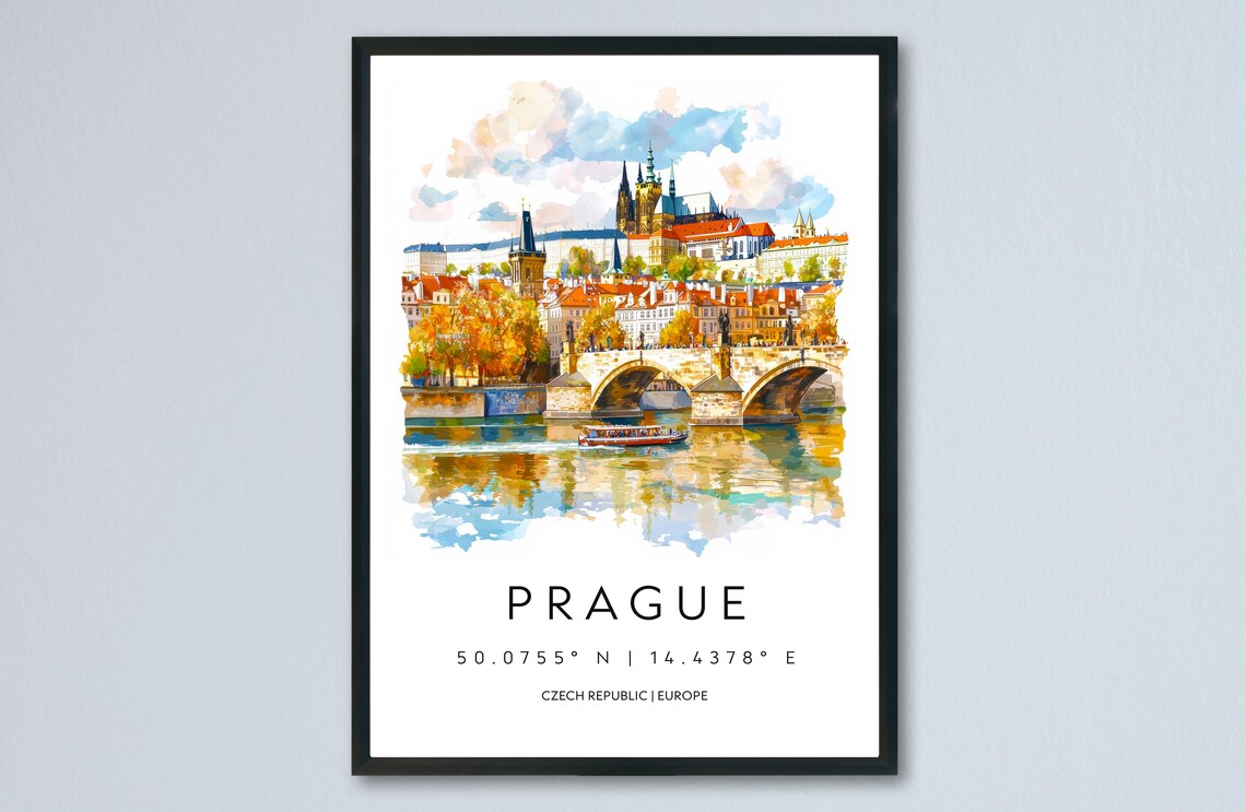 Prague Charles Bridge Watercolor Czech Republic Travel Poster