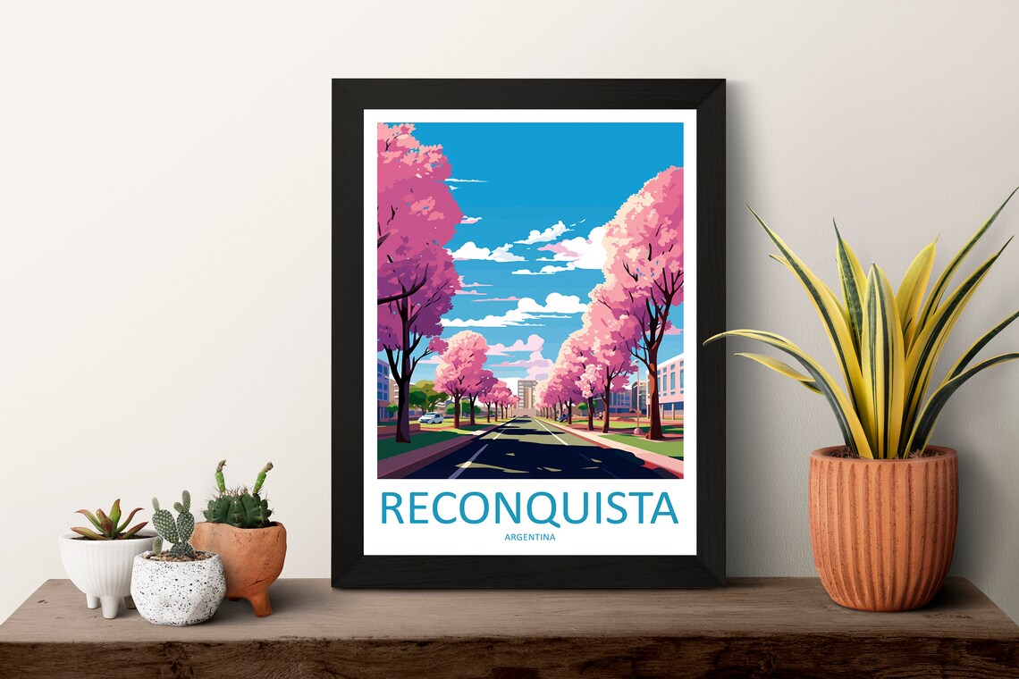 Reconquista Argentina Pink Blossom Avenue City Street Travel Poster - Image 3