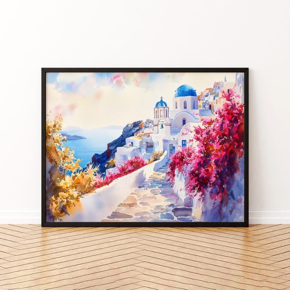 Santorini Watercolor Poster Landscape Wall Art Hanging Home Dcor Gift Lovers Greece