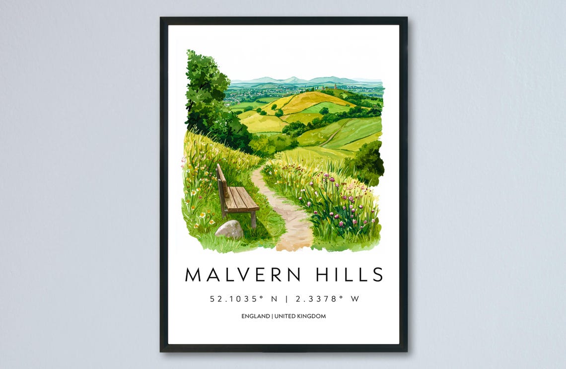 Malvern Hills England Rolling Green Hills Watercolor Travel Print