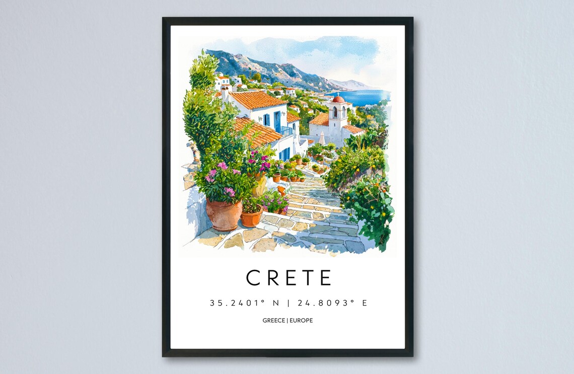Crete Watercolor Travel Poster, Greek Island Decor