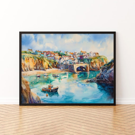 Newquay Cornwall Harbor Fishing Boats Watercolor Travel Poster