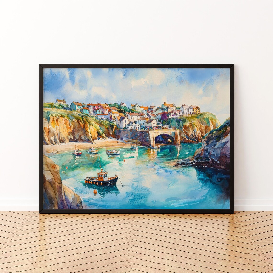 Newquay Cornwall Harbor Fishing Boats Watercolor Travel Poster