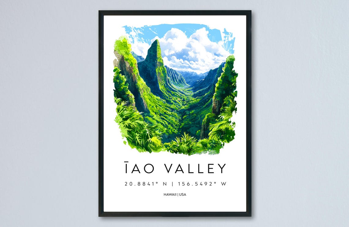 Iao Valley Hawaii Emerald Cliffs Jungle Watercolor Travel Poster