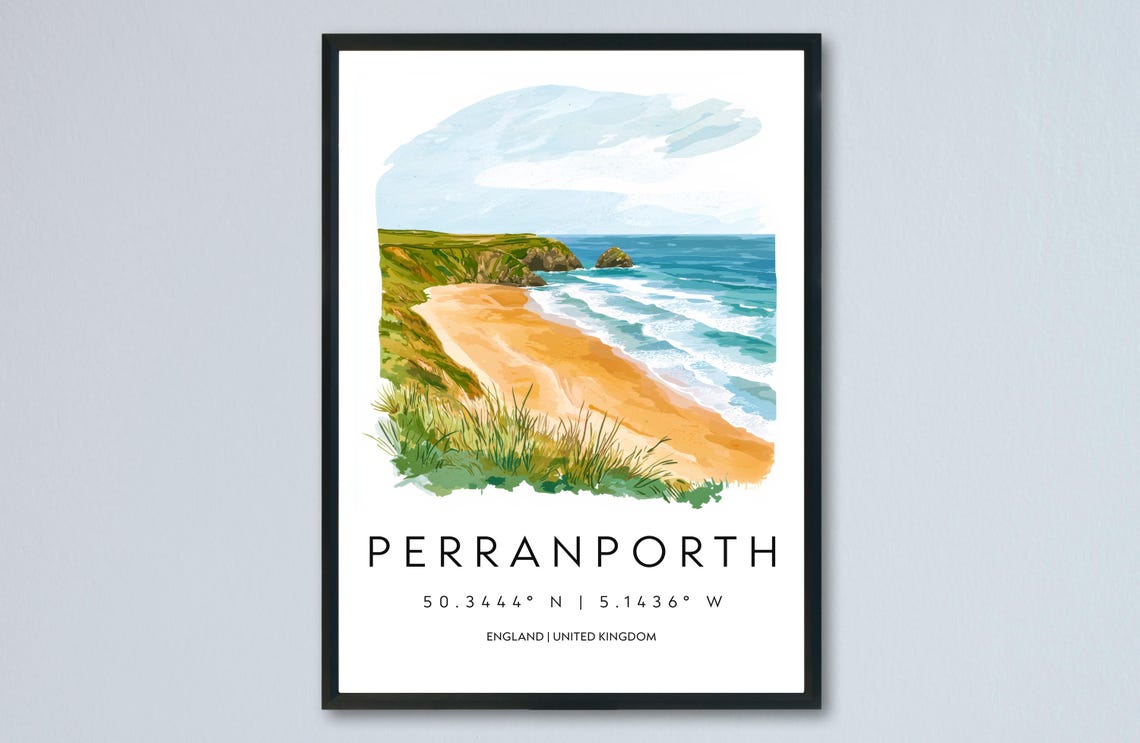 Perranporth Golden Sand Beach Cliffs Surf Waves Watercolor Poster