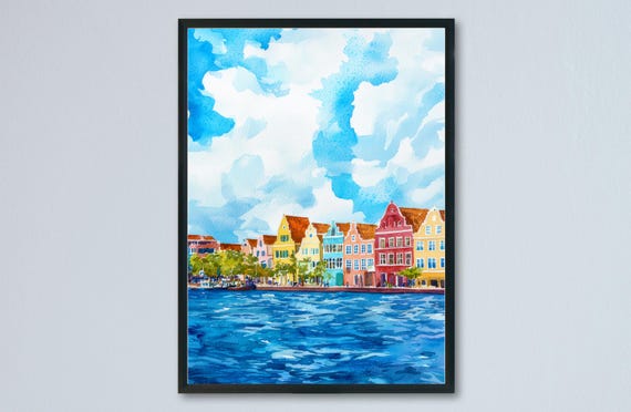 Curaçao Watercolor Travel Poster, Dutch Caribbean