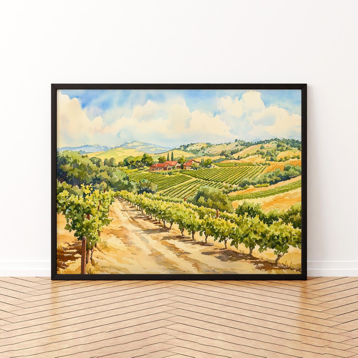Rolling Vineyard Hills Villa Tuscany Watercolor Landscape Print