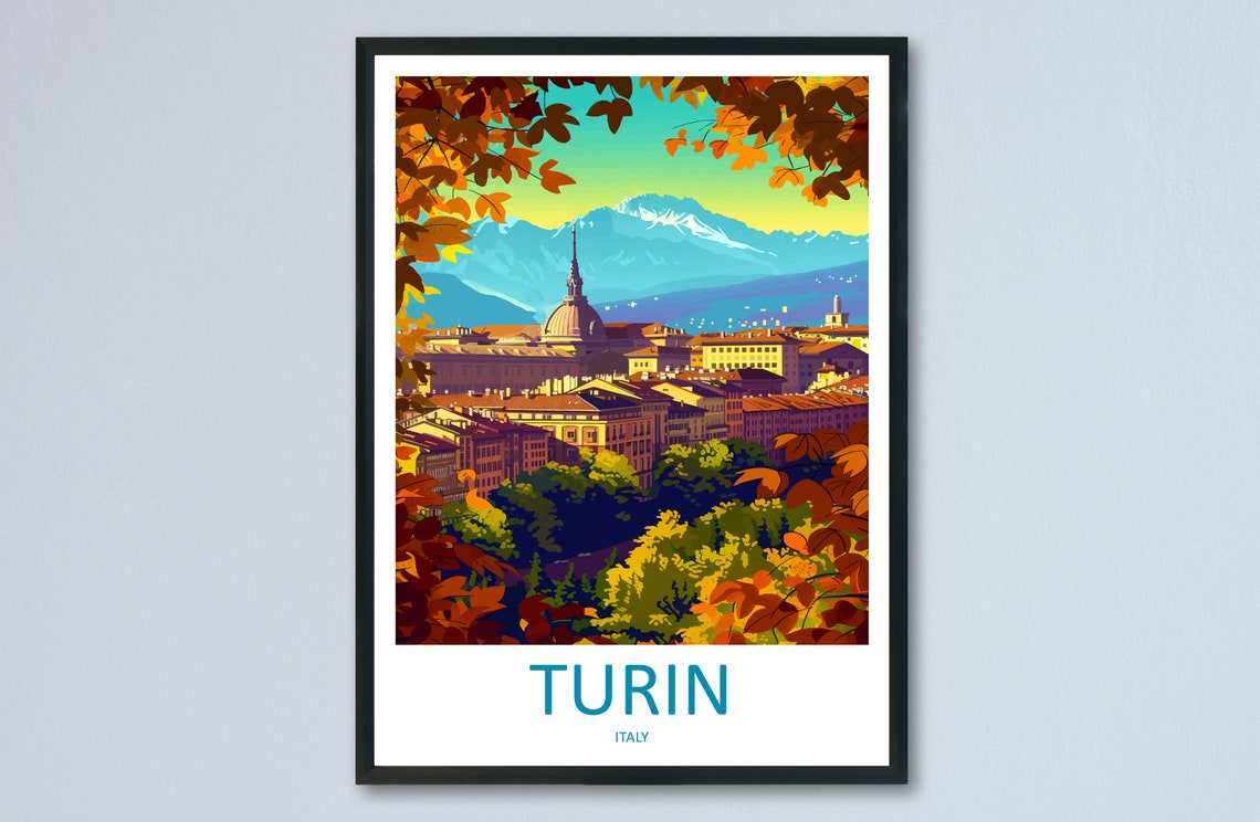 Turin Italy Autumn Cityscape Mole Antonelliana Alps Vintage Poster Art