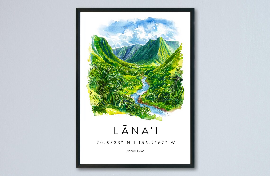 Lanai Hawaii River Valley Green Peaks Watercolor Travel Poster