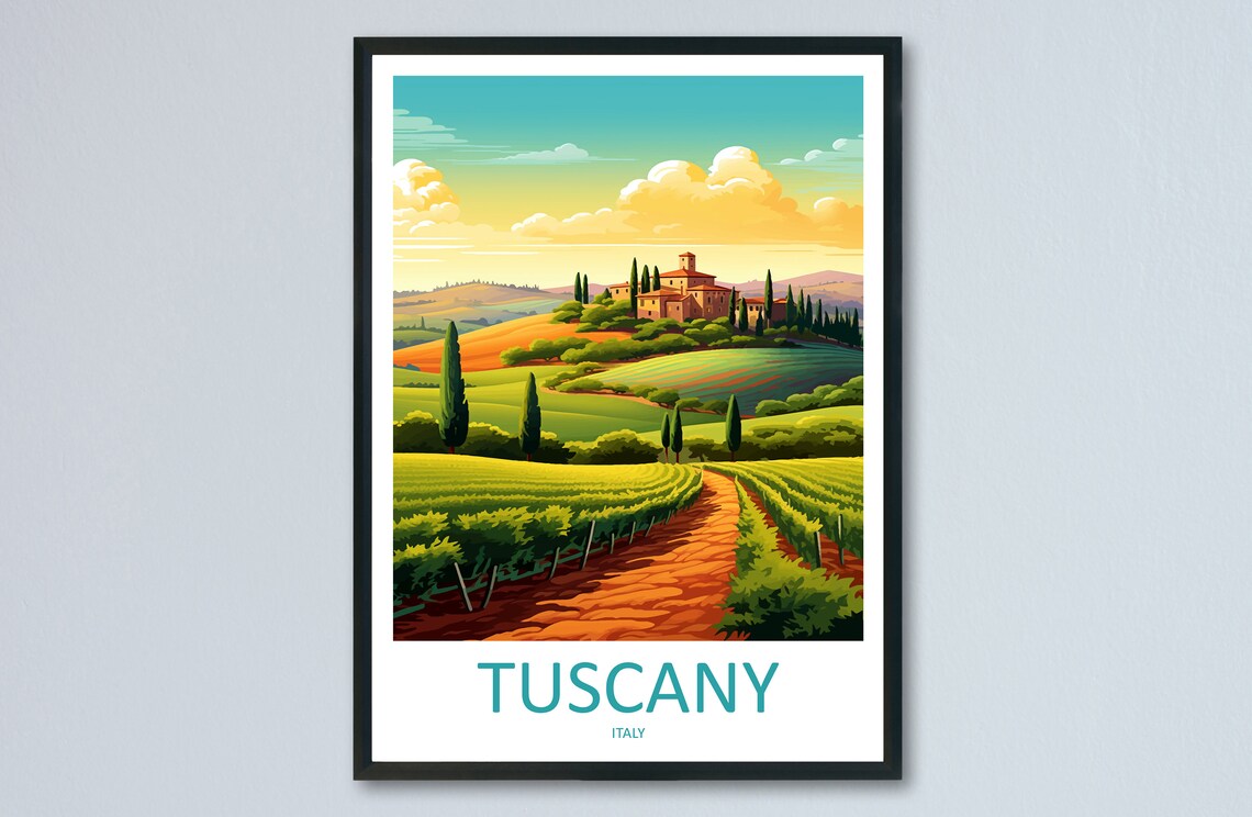 Tuscany Italy Vineyard Hillside Villa Sunset Countryside Poster