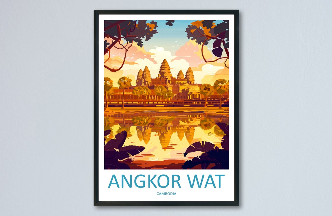 Angkor Wat Cambodia Sunrise Poster with Temple Reflection in Moat