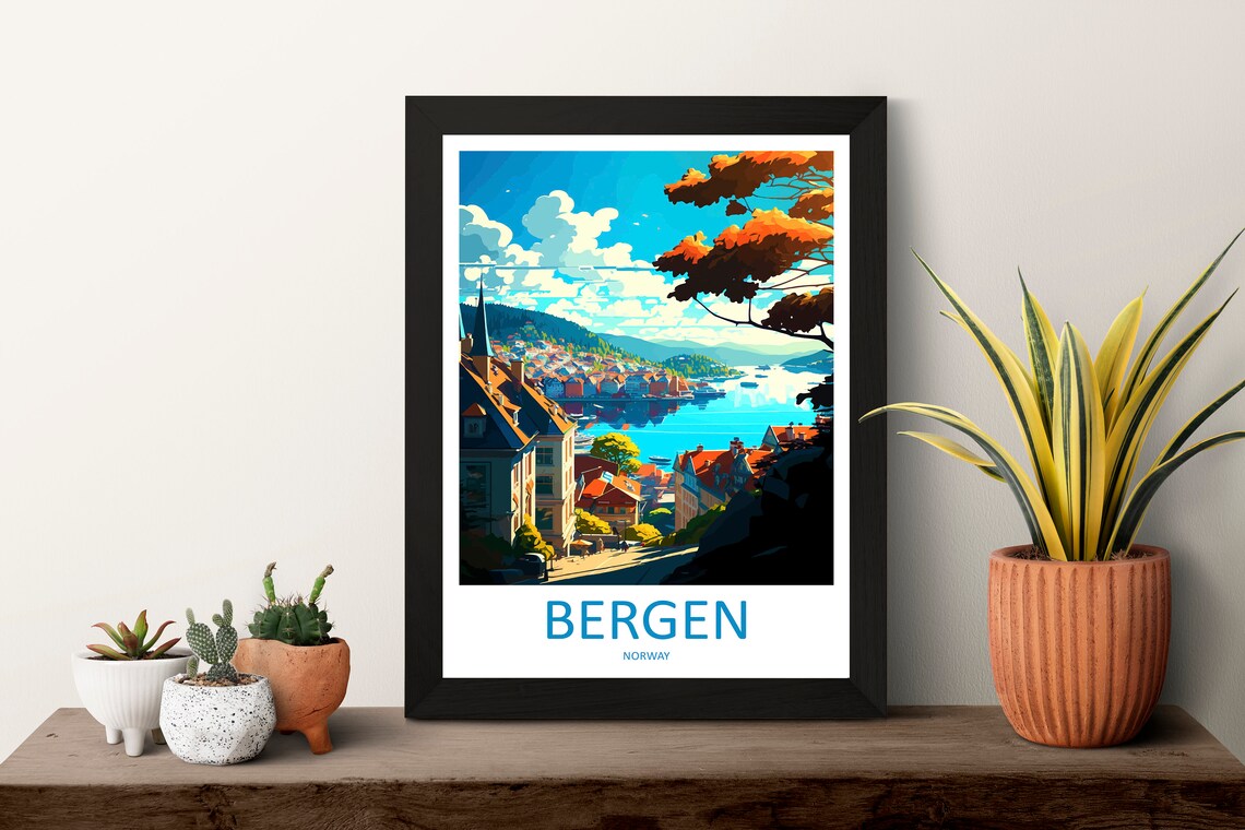 Bergen Norway Colorful Harbor Fjord Houses Travel Art Poster - Image 3
