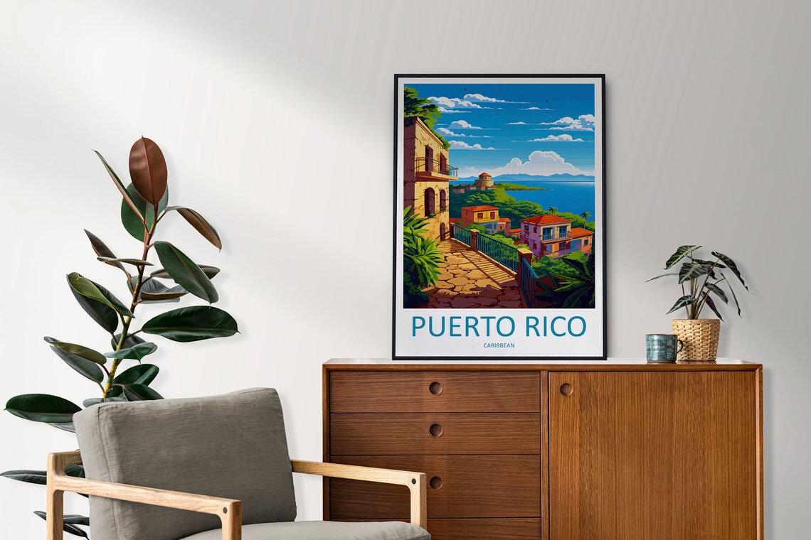 Puerto Rico Caribbean Colonial Coastal Town Sea View Travel Poster - Image 2