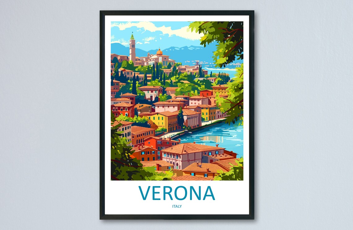 Verona Italy Riverside Old Town Red Roofs Summer Day Travel Poster