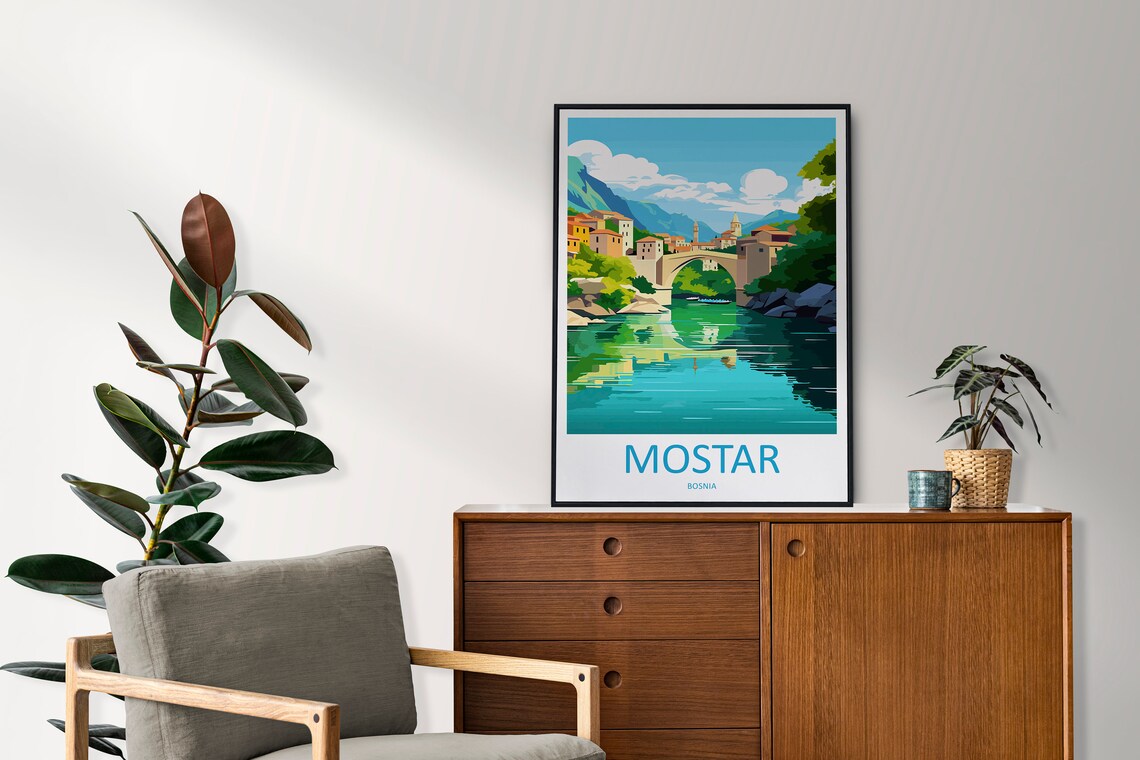 Mostar Bosnia Stari Most Old Bridge River Retro Travel Wall Poster - Image 2
