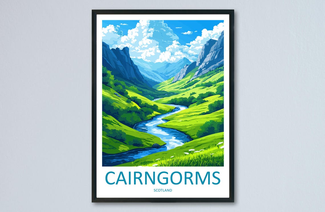 Cairngorms Scotland Green Valley Winding River Mountain Travel Poster