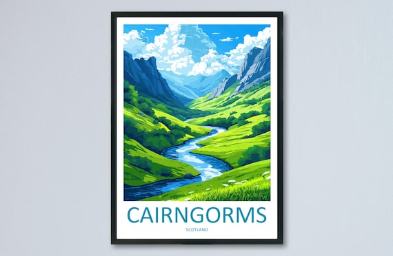 Cairngorms Scotland Green Valley Winding River Mountain Travel Poster