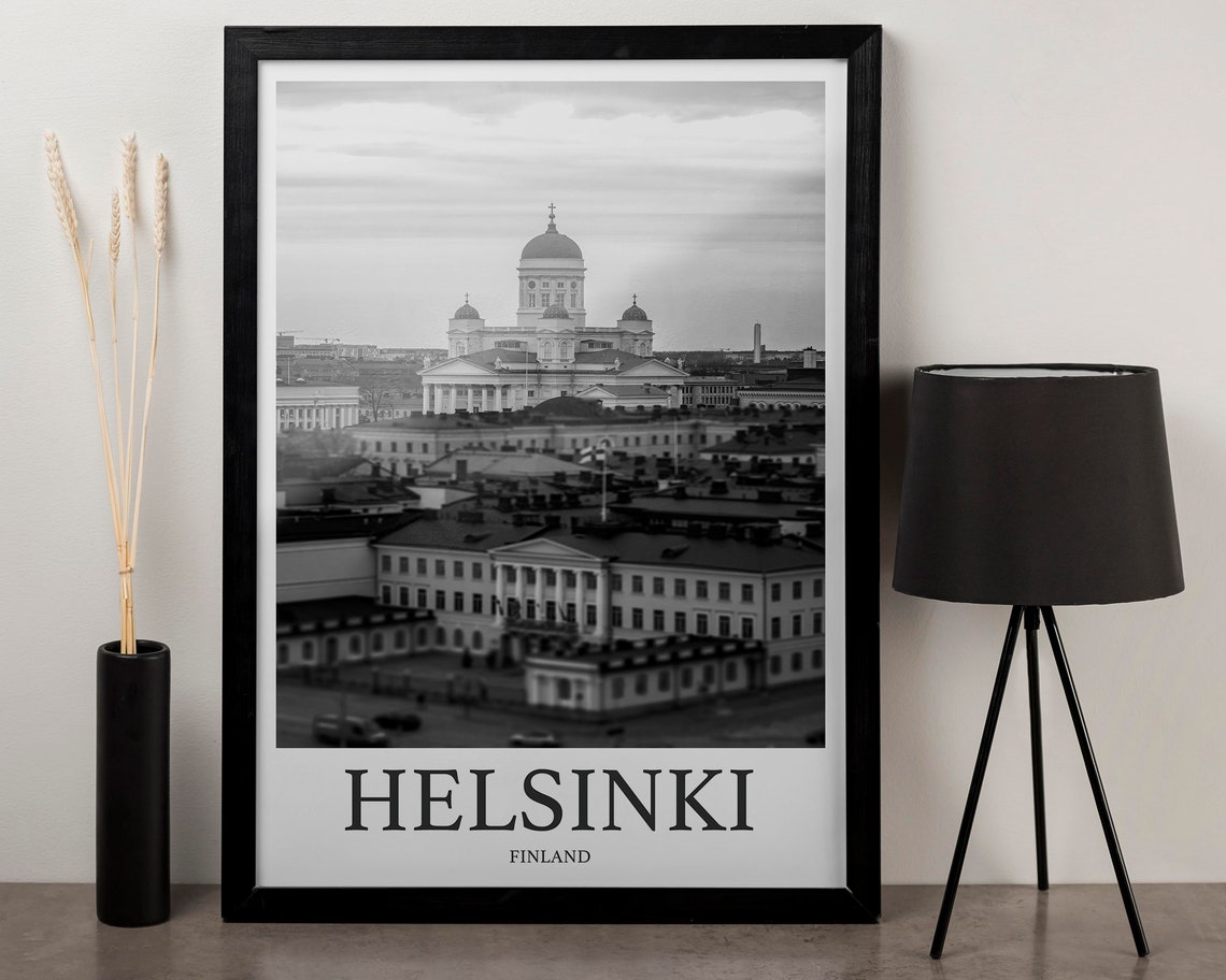 Helsinki Finland Cathedral Dome Black and White City View Poster - Image 3