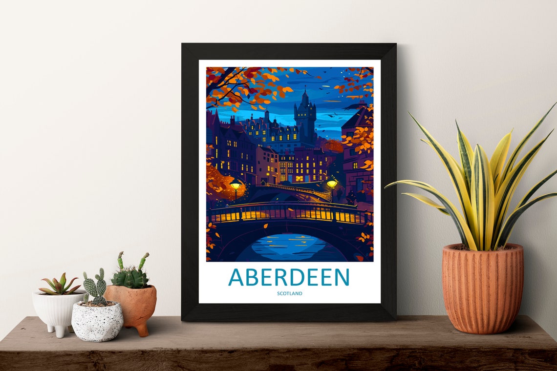 Aberdeen Scotland Night Bridge Autumn Lights City Art Poster - Image 3