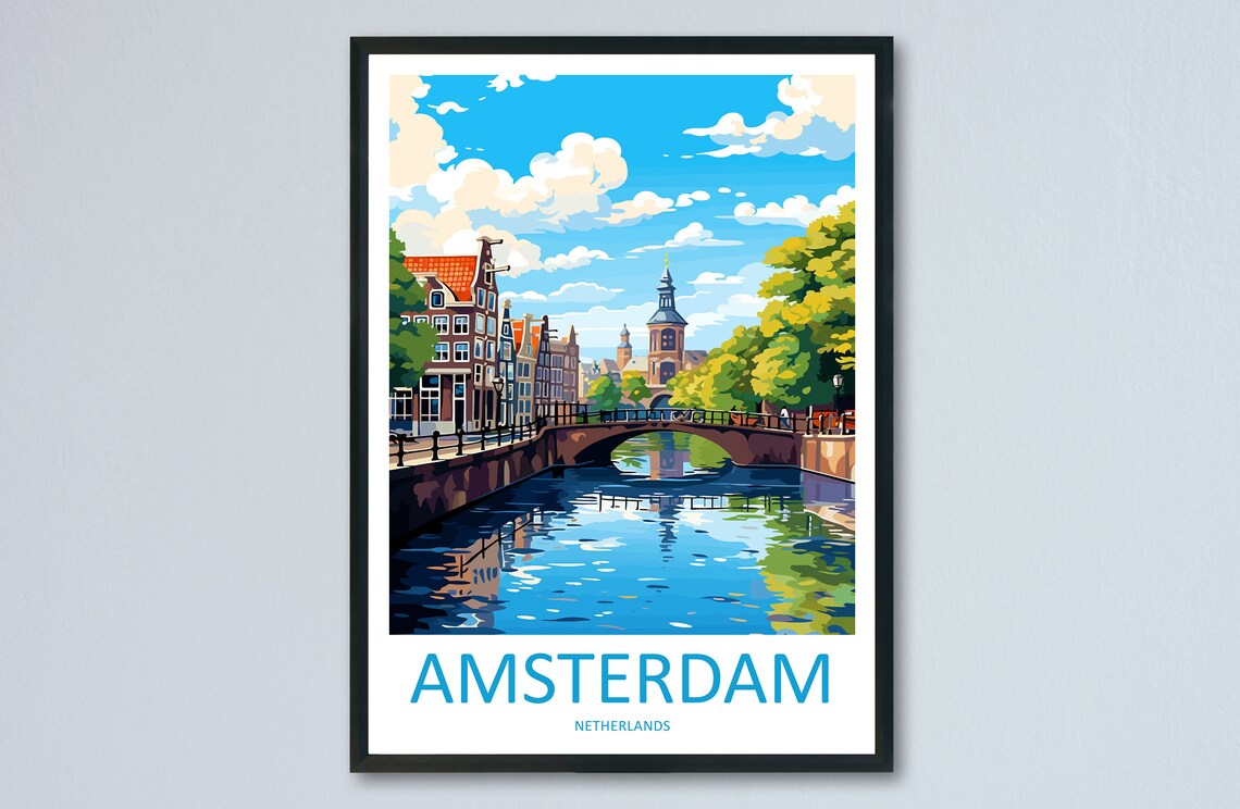 Sunny Amsterdam Canal with Old Bridge Vintage Travel Art Poster