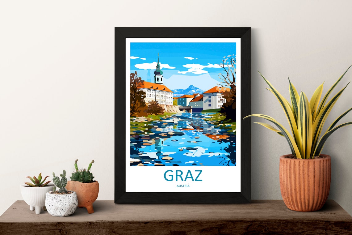 Graz Austria Riverside Architecture With Church Spire And Alps Poster - Image 3