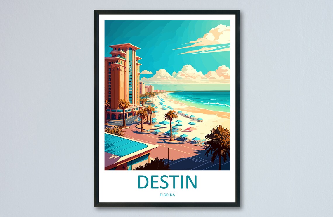 Destin Florida Beach Boardwalk and Palm Trees Travel Poster Art