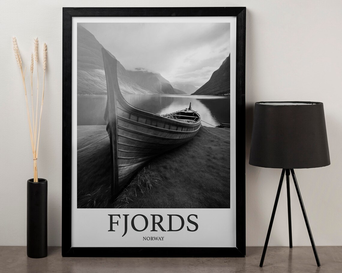 Norwegian Fjords Wooden Boat Resting On Shore Black White Photo Poster - Image 3