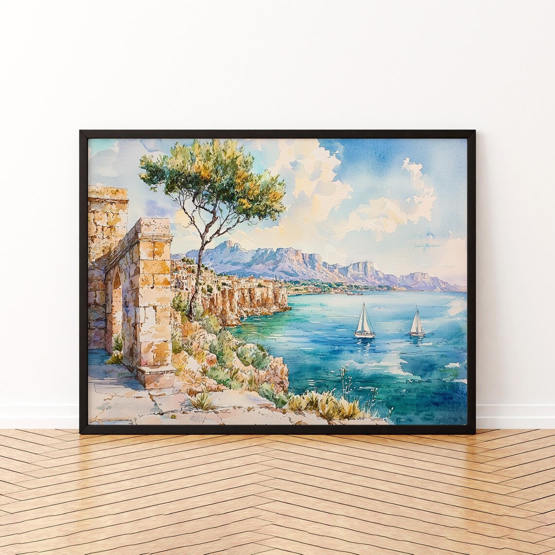 Rhodes Greece Watercolor Poster Cliffside Castle Town Sailboats Sea
